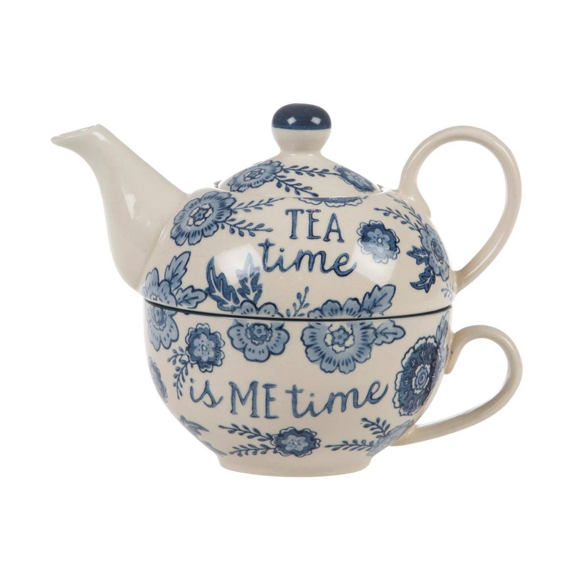 Blue Willow tea-for-one set showing stacking teapot on cup design with TEA time is ME time text and blue floral pattern on white background