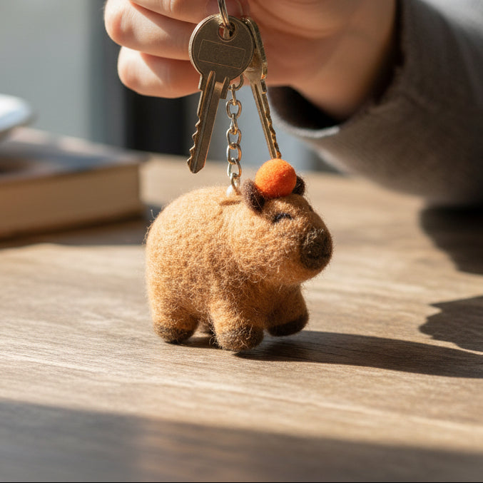 Handmade brown wool felt capybara keyring with stitched facial features