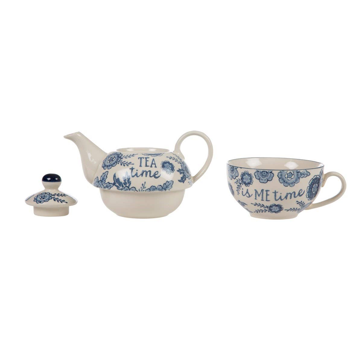 Side view of Blue Willow tea-for-one set showing teapot handle and spout with cup, featuring blue floral pattern on white ceramic