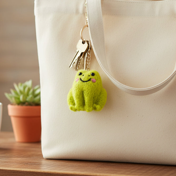 Green felt frog keyring with embroidered eyes and happy smile