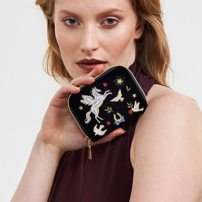 Black Celestial Velvet Embroidered Purse angled view displaying velvet texture and embroidery detail