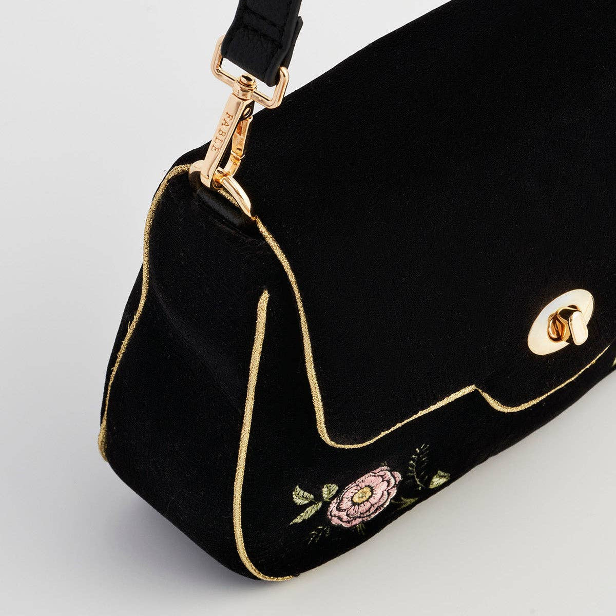 Rose Embroidered Black Shoulder Clutch