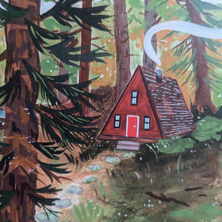 Illustration of red A-frame cabin in Maine forest with smoke rising, giclée print.
