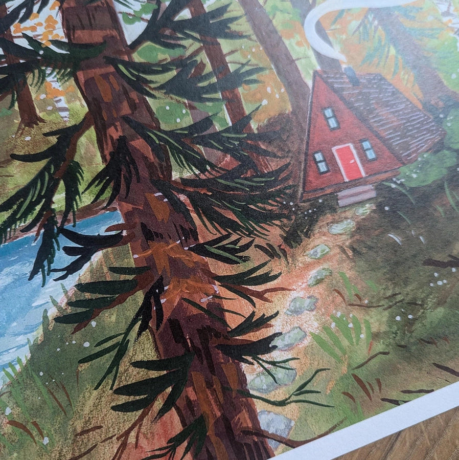Close-up of A-Frame Cabin Art Print on textured recycled cotton paper.