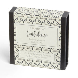 Confidence Box: A Little Box Off candle set with the word "Confidence" and an image promoting self-belief. Includes 12-minute beeswax candles for a mindful boost of inner strength.