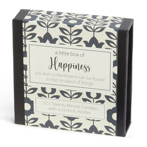 Happiness Box: A Little Box Off candle set featuring the word "Happiness" and a joyful image. Contains 12-minute natural beeswax candles for promoting a sense of well-being.