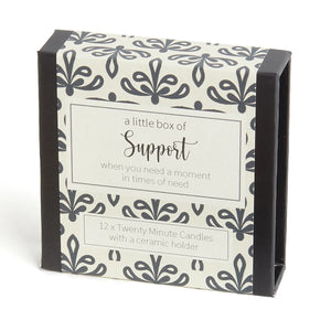 Support Box: A Little Box Off candle set with the word "Support" and an image conveying comfort and care. Includes 12-minute beeswax candles for a moment of mindful self-compassion or to send well wishes.