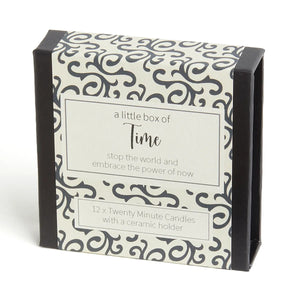 Time Box: A Little Box Off candle set featuring the word "Time" and an image representing slowing down. Contains 12-minute natural beeswax candles for mindful moments of focus and presence.