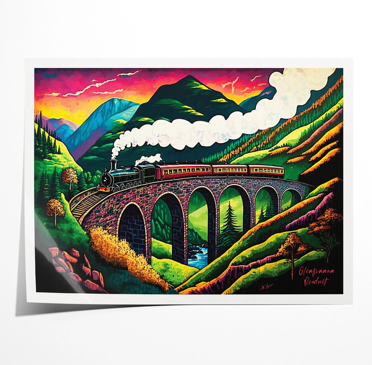 Art print of the Glenfinnan Viaduct with the Jacobite Steam Train crossing, set against a colourful Highland landscape.