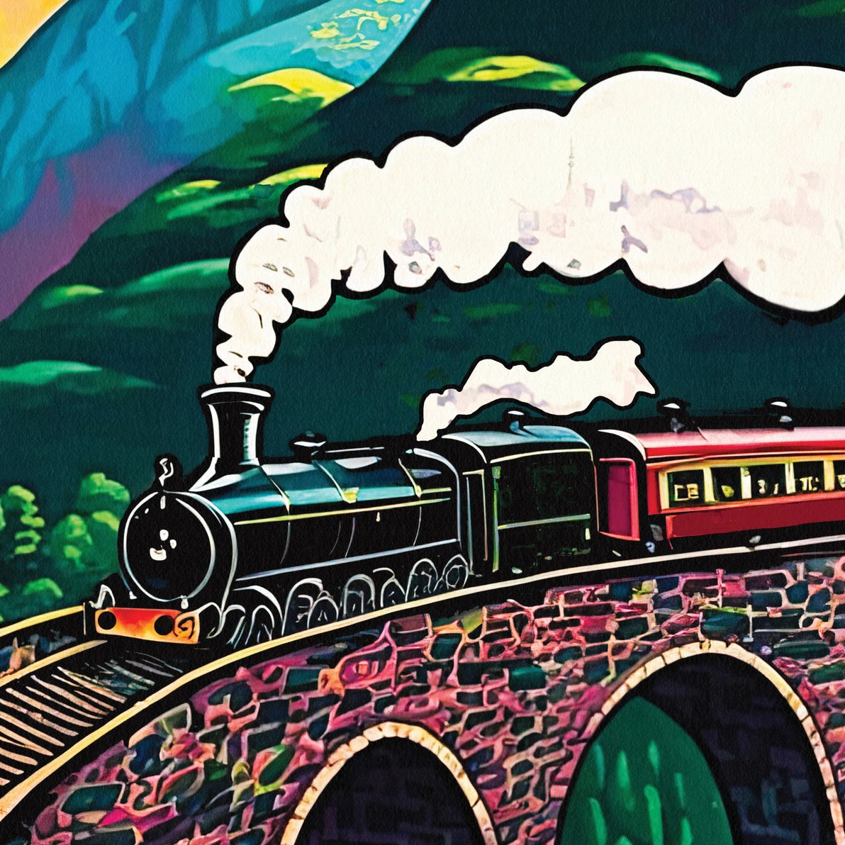 Zoomed-in view of the Jacobite Steam Train crossing the stone arches of the Glenfinnan Viaduct, surrounded by green mountains.