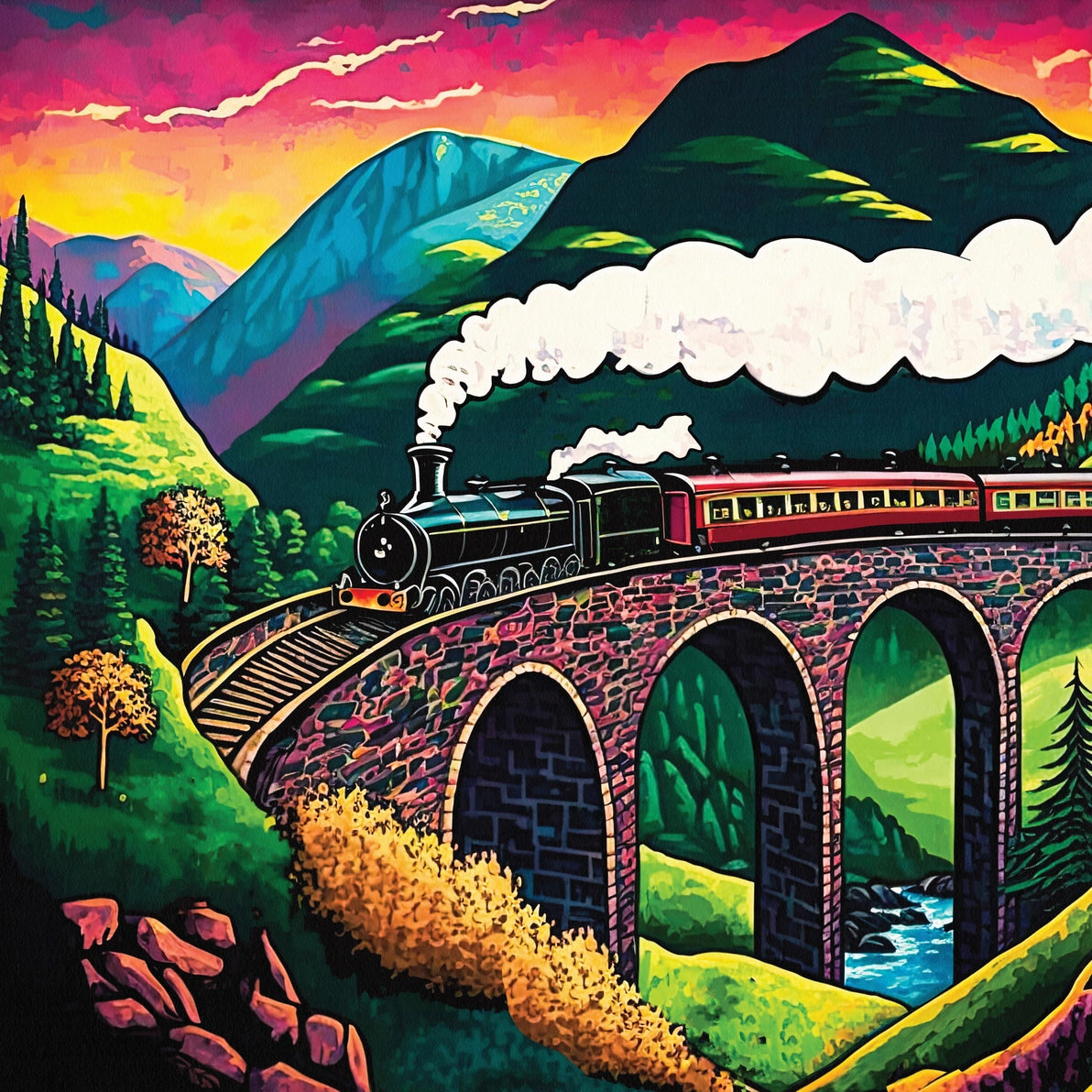 Full view of the Glenfinnan Viaduct print showing the iconic steam train, vivid sunset sky, and dramatic Scottish landscape.