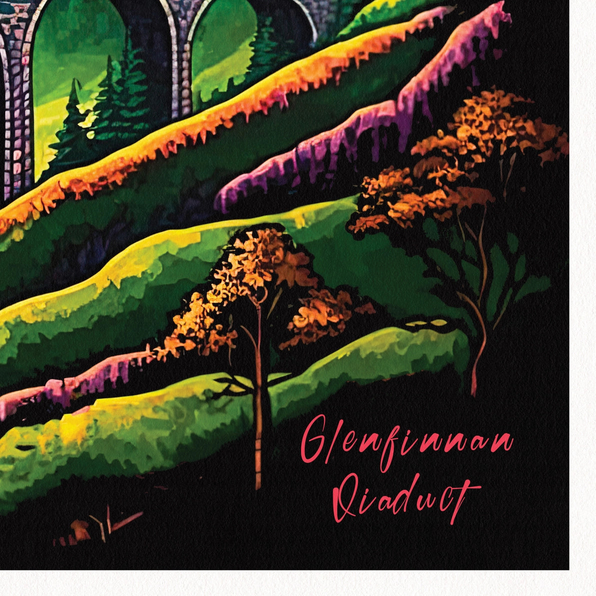 Close-up of vibrant hillside detail from the Glenfinnan Viaduct art print, with stylised trees and bold brushstroke textures.