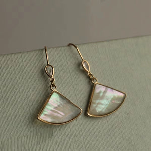 Close-up of Abalone Pearl Fan Earrings – A pair of elegant Art Deco-inspired earrings featuring a mother-of-pearl inlay encased in gold-plated frames, with a teardrop crystal accent on the ear wire.