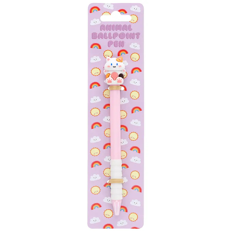 Pink ballpoint pen with cute cat topper on packaging – Adorable Animal Ballpoint Pen Cat by Rex London.