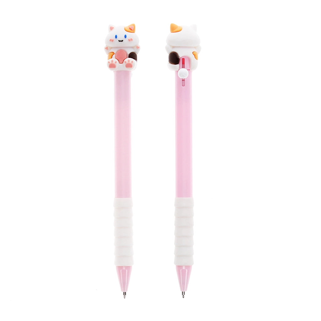 Front and back view of pink cat ballpoint pen with blue ink and rubber grip.