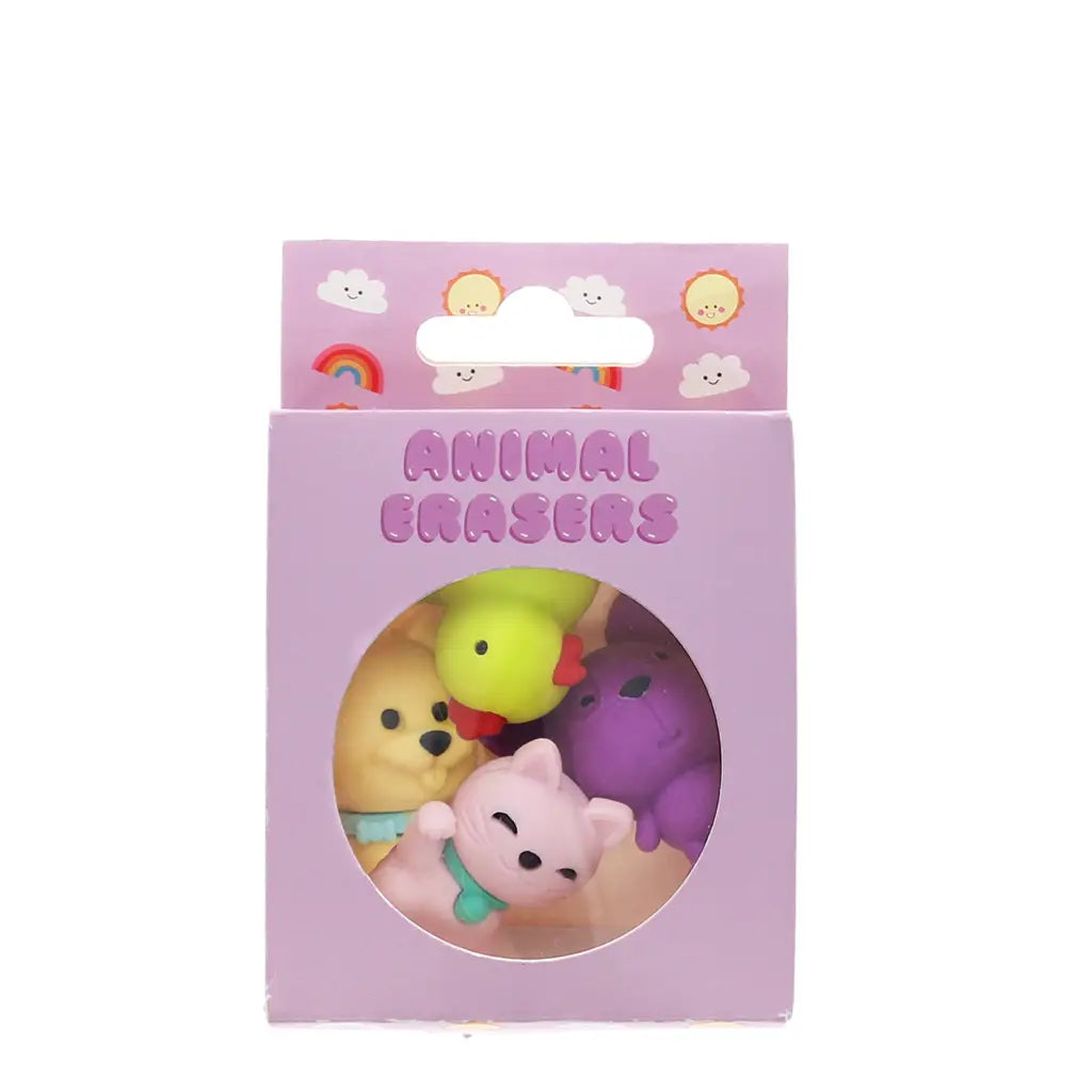 Front of the Adorable Animal Erasers boxed set with chick, cat, dog, and mouse visible through window – pastel purple packaging with rainbow and sun motifs