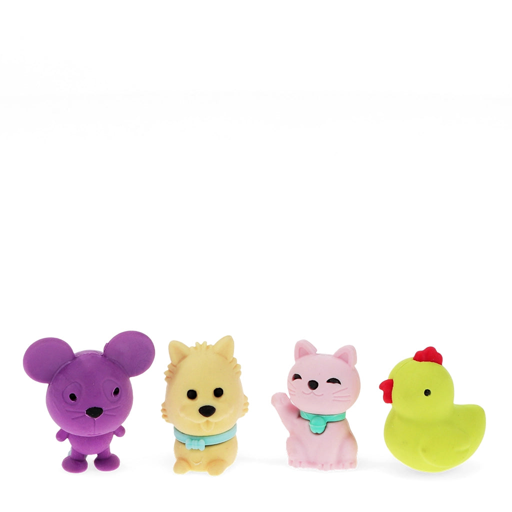 Set of 4 colourful animal erasers displayed in a row: purple mouse, yellow dog, pink cat, and yellow chick