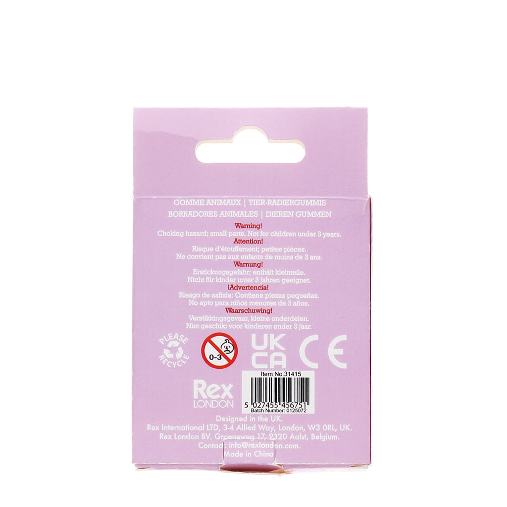 Back of the Adorable Animal Erasers box showing multilingual warnings and Rex London branding