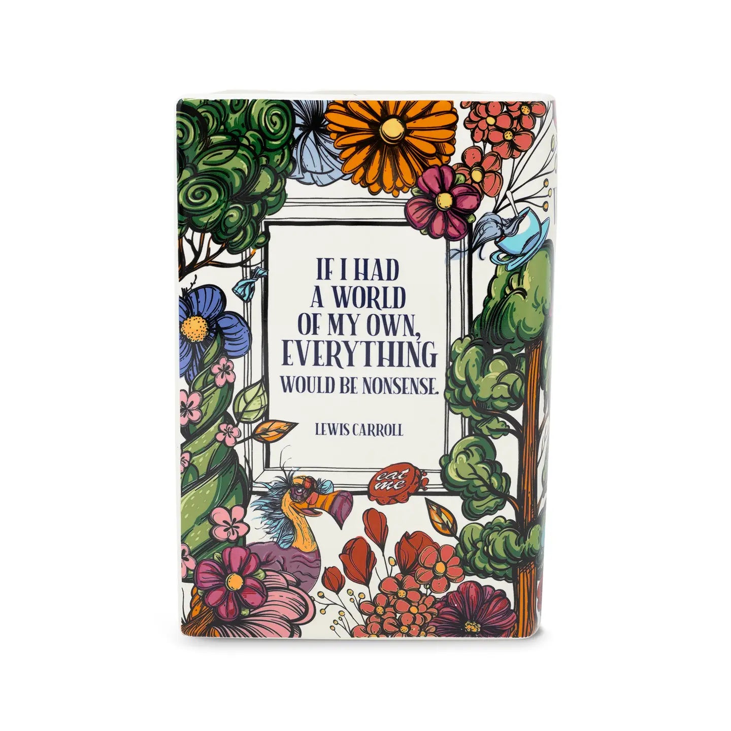 Back of the ceramic vase featuring Lewis Carroll quote and whimsical forest illustration.