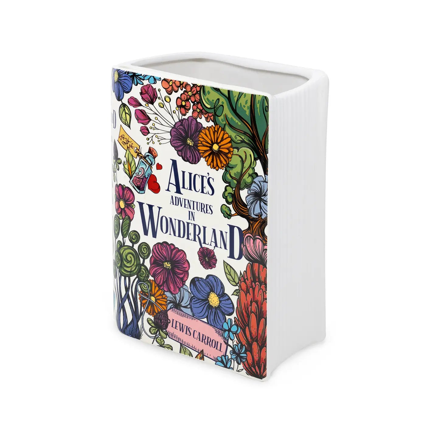 Alice in Wonderland ceramic book vase with colourful floral design on white background.