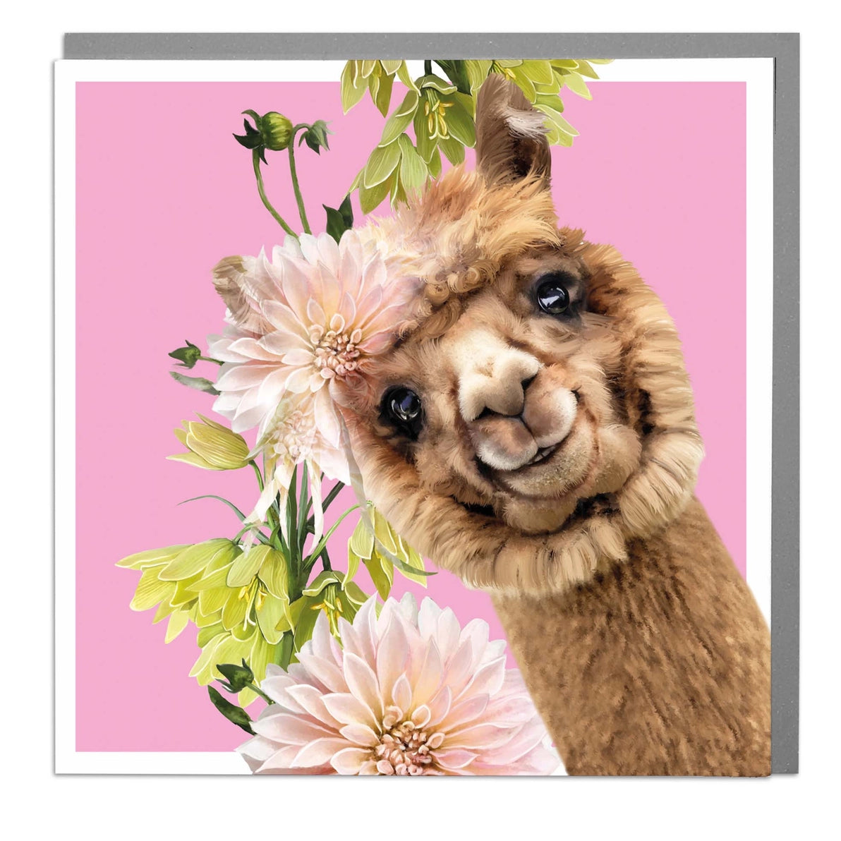 Alpaca Blank Art Card featuring illustrated alpaca with flowers on pink background.