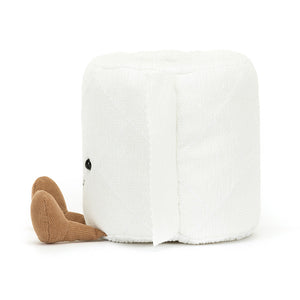 The side view of a huggable Jellycat Amuseable Toilet Roll plush. It showcases the brown suedette inner tube detail and the soft, stitched quilting.