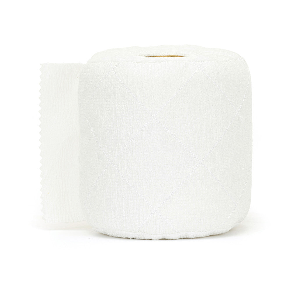 The back of a charming Jellycat Amuseable Toilet Roll plush, featuring its cute cord legs and a playful "perforated edge" detail that completes its quirky look.