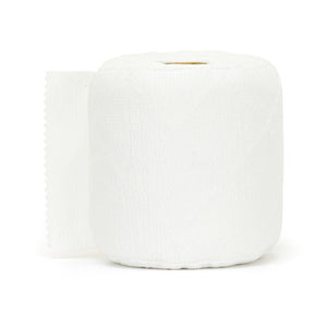 The back of a charming Jellycat Amuseable Toilet Roll plush, featuring its cute cord legs and a playful "perforated edge" detail that completes its quirky look.