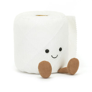 A playfully stitched Jellycat Amuseable Toilet Roll plush with cord legs and a cute smile. It's made from luxuriously soft fabric, perfect for cuddles.