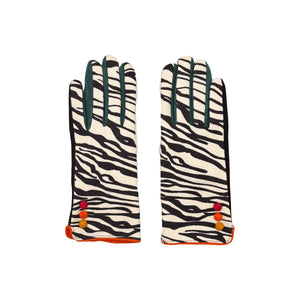 Pair of zebra print gloves with colourful button detail at wrist.