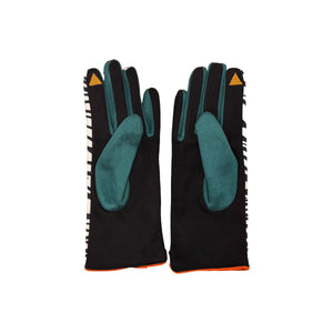 Back view of zebra print gloves with teal thumb patch and touchscreen tip.