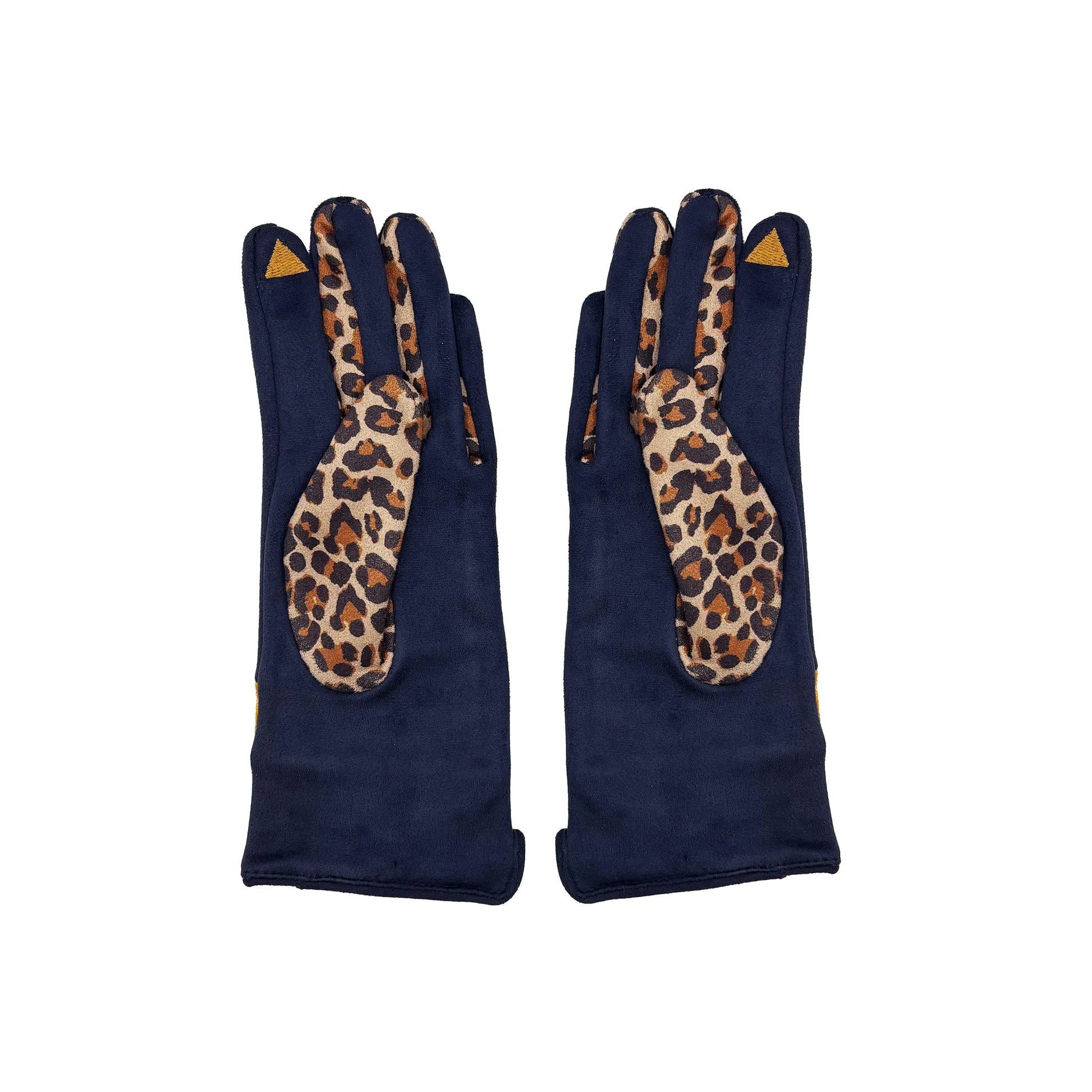 Back view of navy gloves with leopard print palms and touchscreen tips, laid flat on white background.