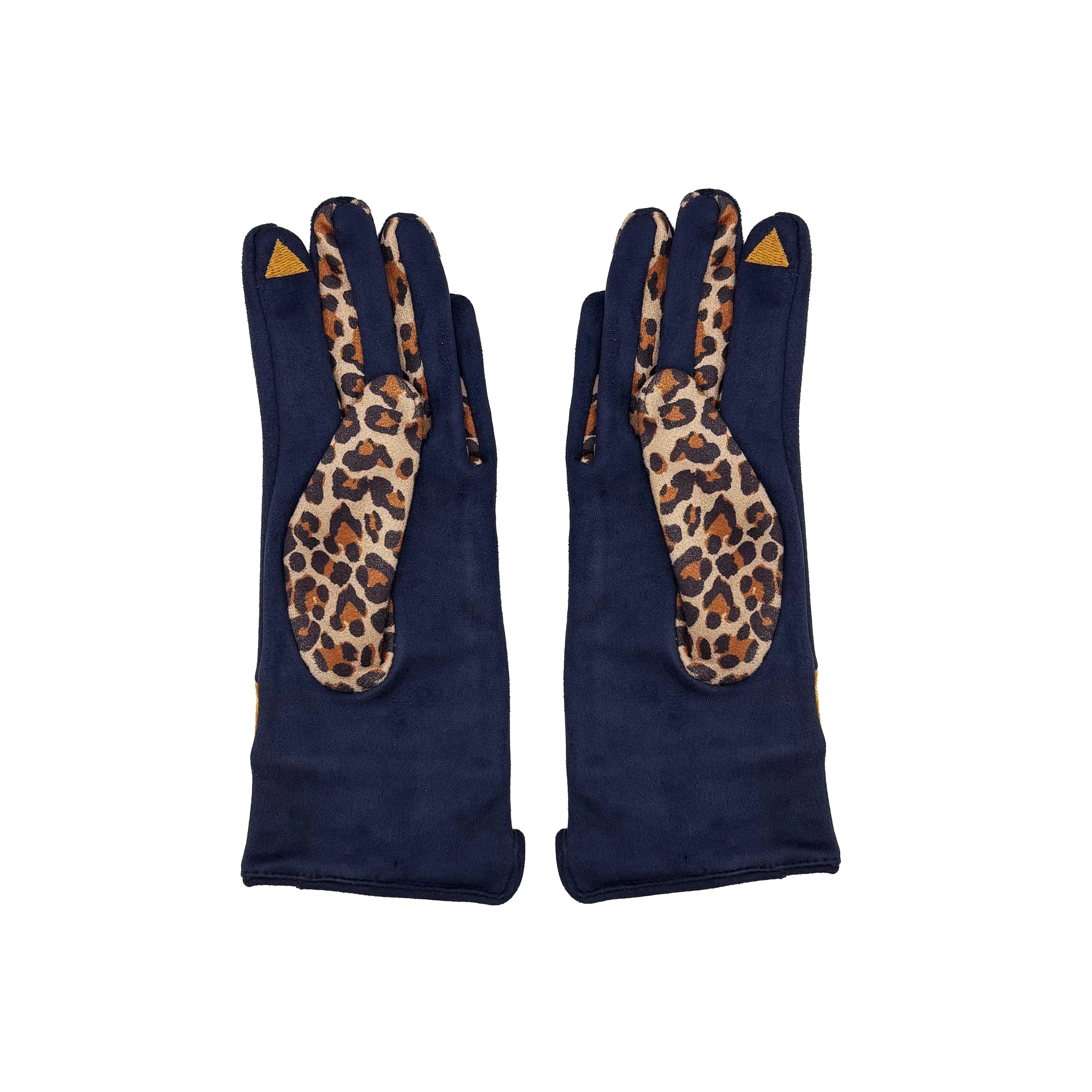 Back view of navy gloves with leopard print palms and touchscreen tips, laid flat on white background.