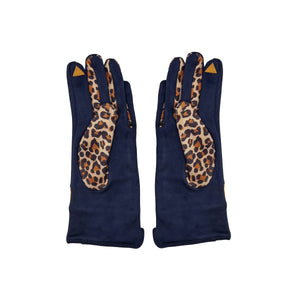 Back view of navy gloves with leopard print palms and touchscreen tips, laid flat on white background.