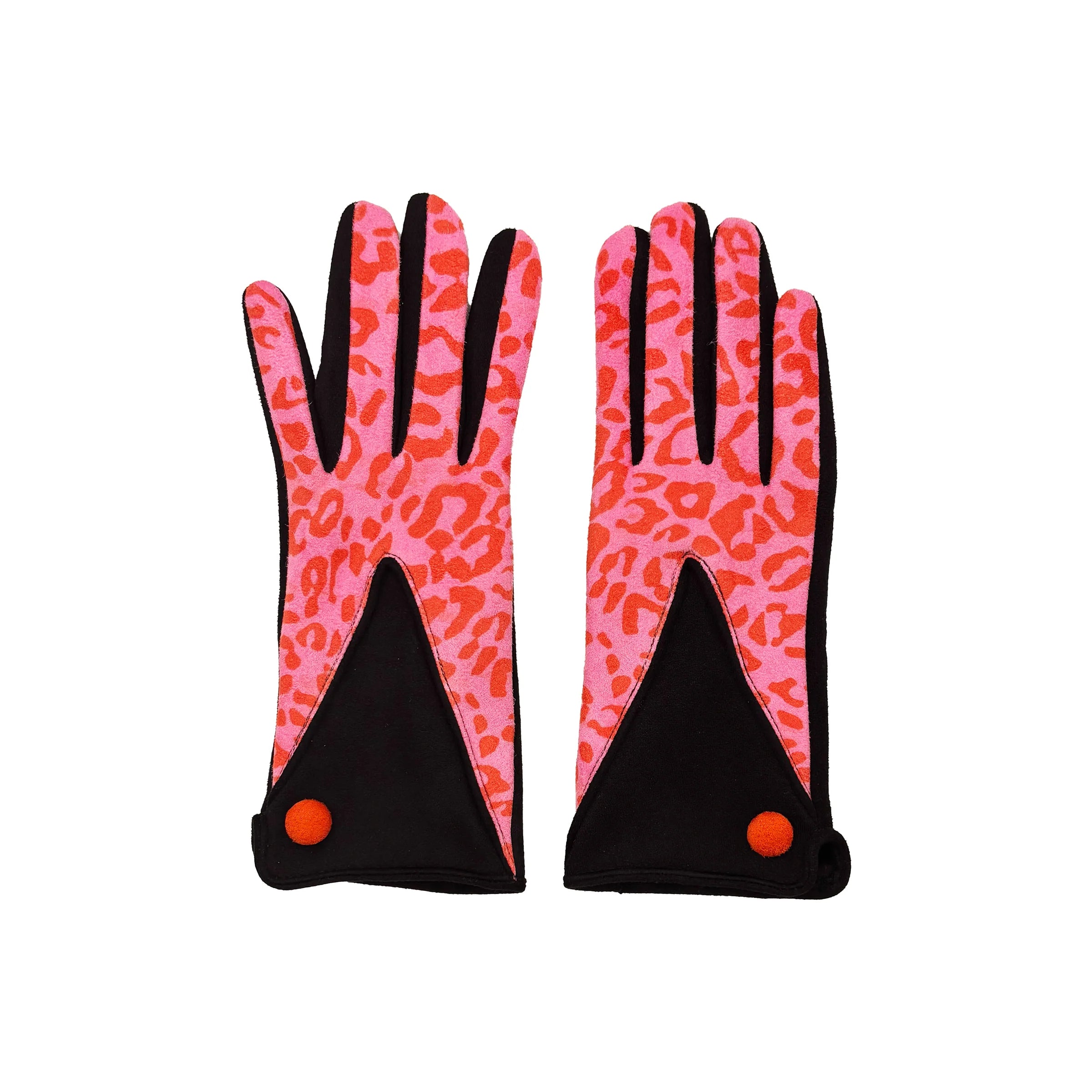 Flat lay of animal print pink and black gloves with orange button detail, bold leopard pattern on front.