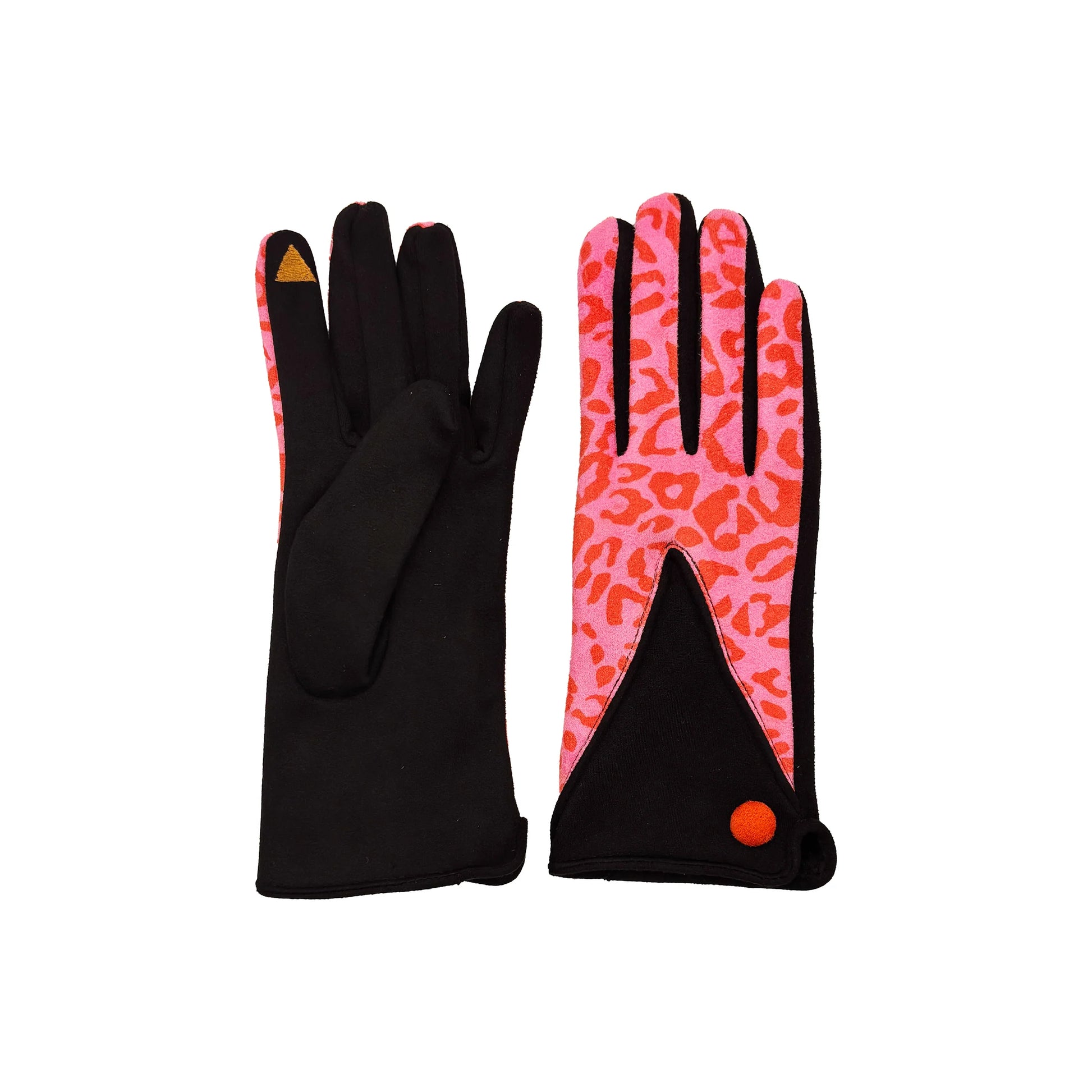 Front and back view of pink leopard print gloves with black panels and touch-screen finger tip.