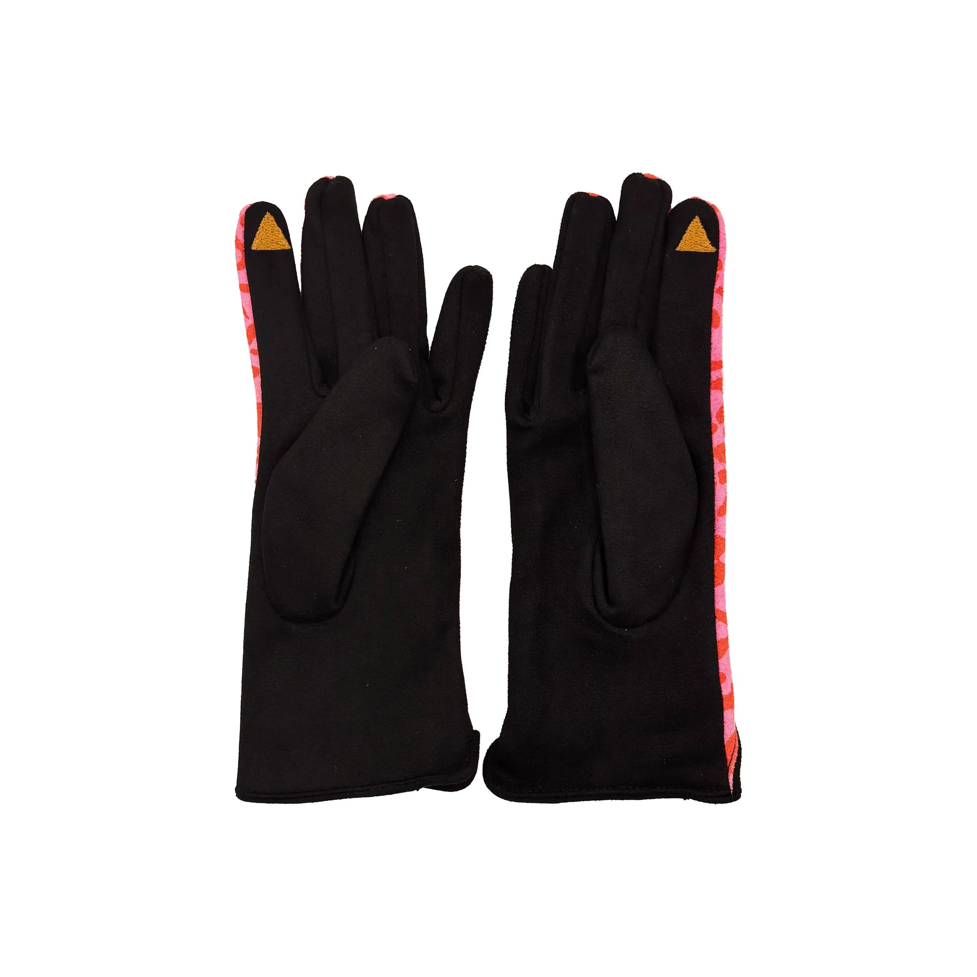 Back view of black suedette gloves with pink leopard print edging and touch-screen finger tip detail.