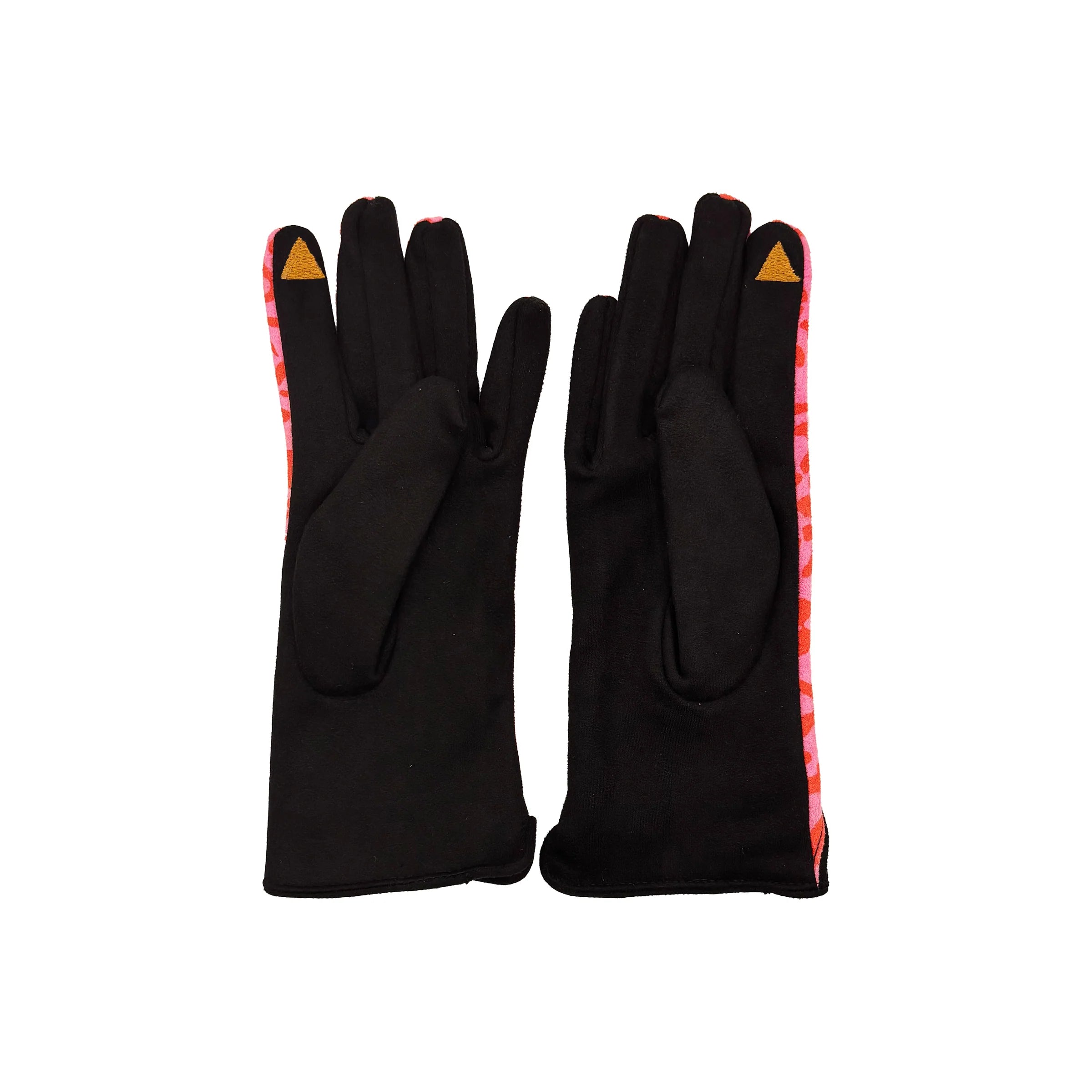 Back view of black suedette gloves with pink leopard print edging and touch-screen finger tip detail.