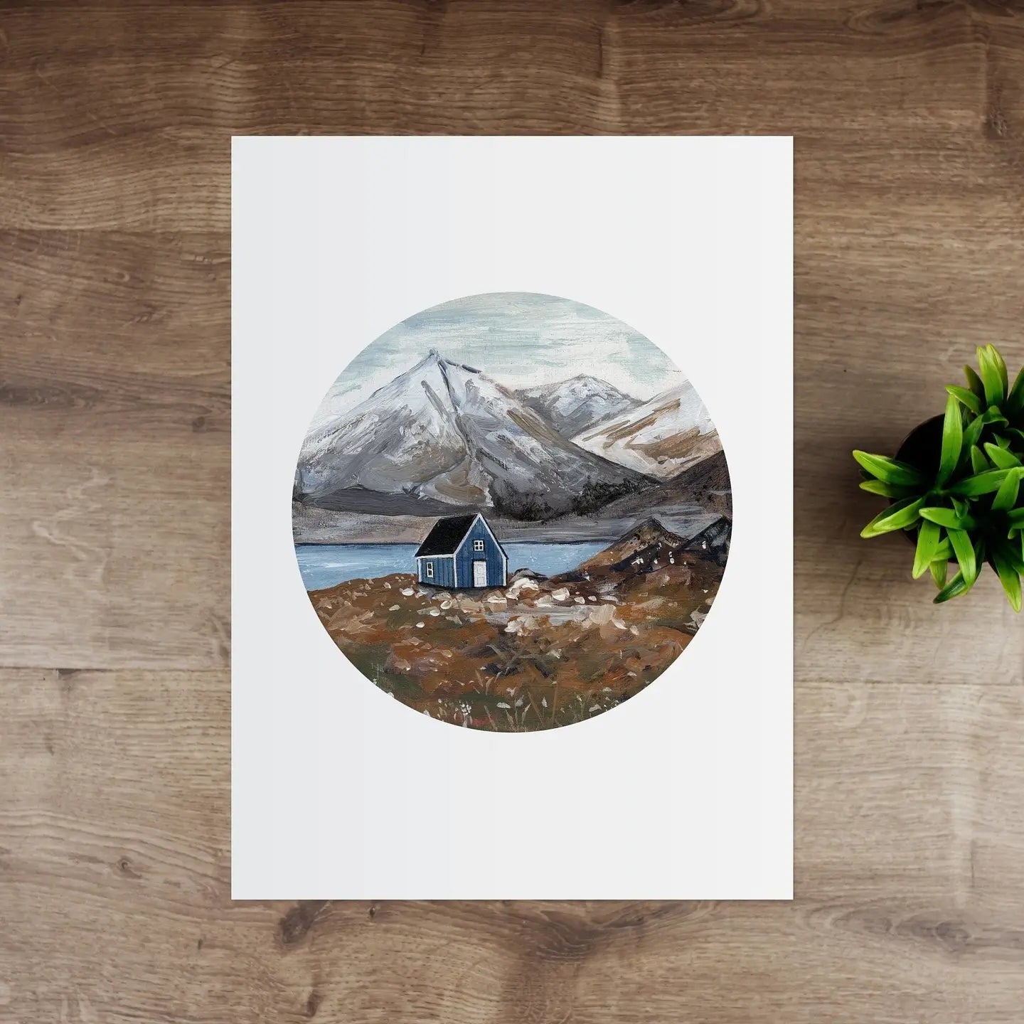 Autumnal Cabin Art Print featuring a mountain landscape and blue cabin, giclée print on textured cotton paper.