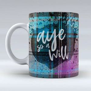 Close-up of Aye So A Will mug featuring Glasgow-inspired typography.