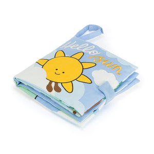 Sunshine in every stitch! Jellycat Hello Sun Fabric Book features crinkle pages, applique textures, a mirror, and a loop for attaching to strollers or cribs. 