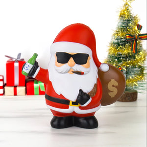 Side view of Bad Santa figure holding a bottle and sack with dollar sign.