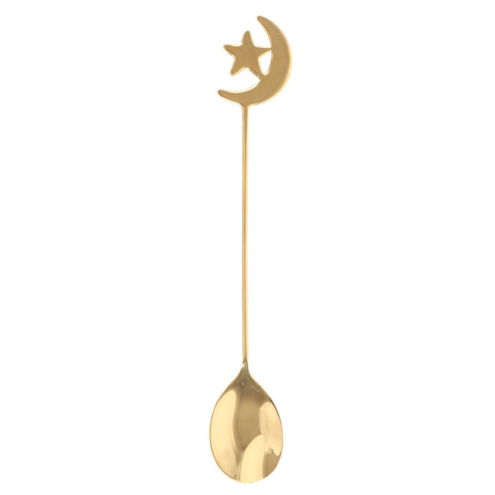 Gold-tone spoon with crescent moon and star detail from Bad Witch mug set.