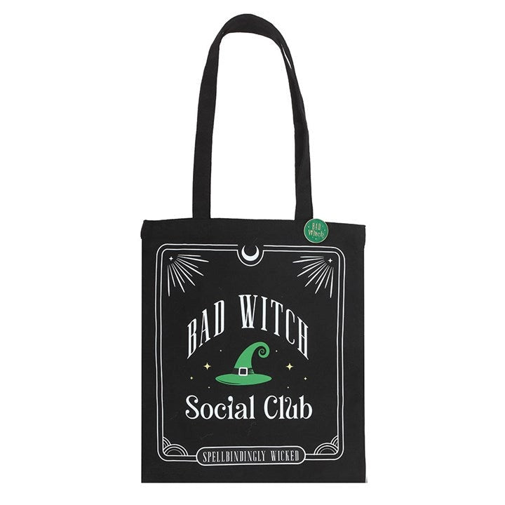 Front view of black Bad Witch Social Club tote bag with witch hat graphic.