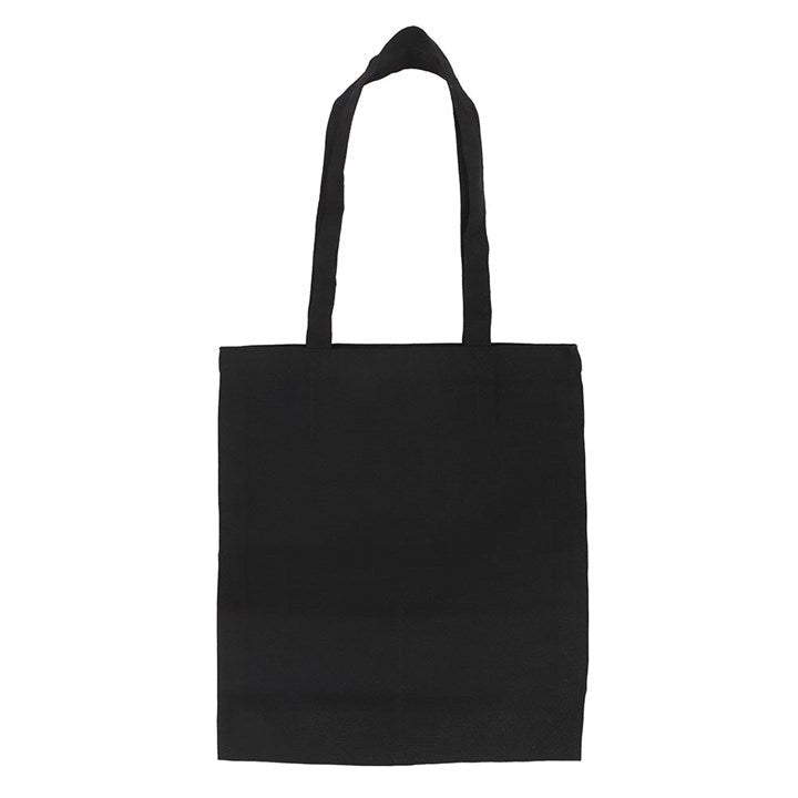Back view of plain black tote bag with long handles.