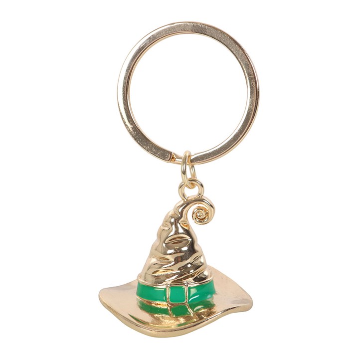 Metal witch hat keyring with green enamel belt detail.