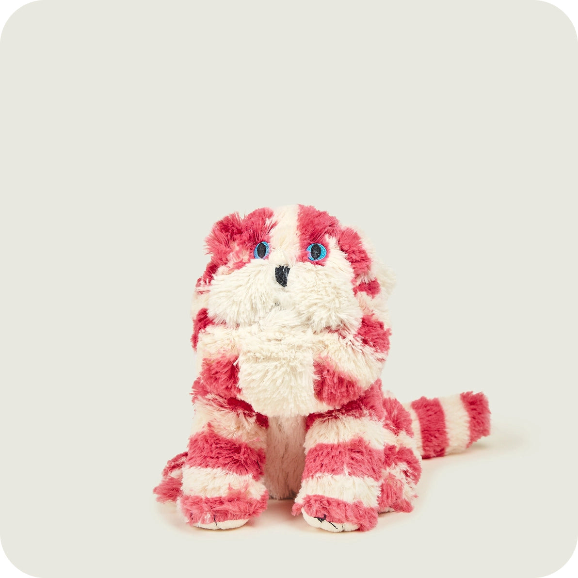 Warmies Bagpuss Cat plush toy front view with pink stripes.
