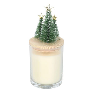 Orange and clove scented Bah Humbug Christmas candle in clear glass with decorative wooden lid featuring three miniature Christmas trees.