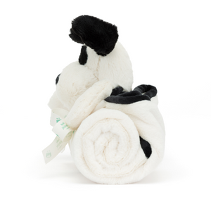 Security on the Go! The Jellycat Bashful Black & Cream Puppy Blankie's lightweight design and rolled-up blanket make it a comforting companion for little ones. (Blanket rolled up, side view)