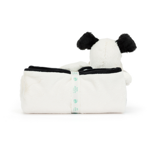Mismatched Patches & Soft Cuddles! The Jellycat Bashful Black & Cream Puppy Blankie features a charming pup with a rolled-up blanket for ultimate bedtime comfort. (Blanket rolled up, back view)